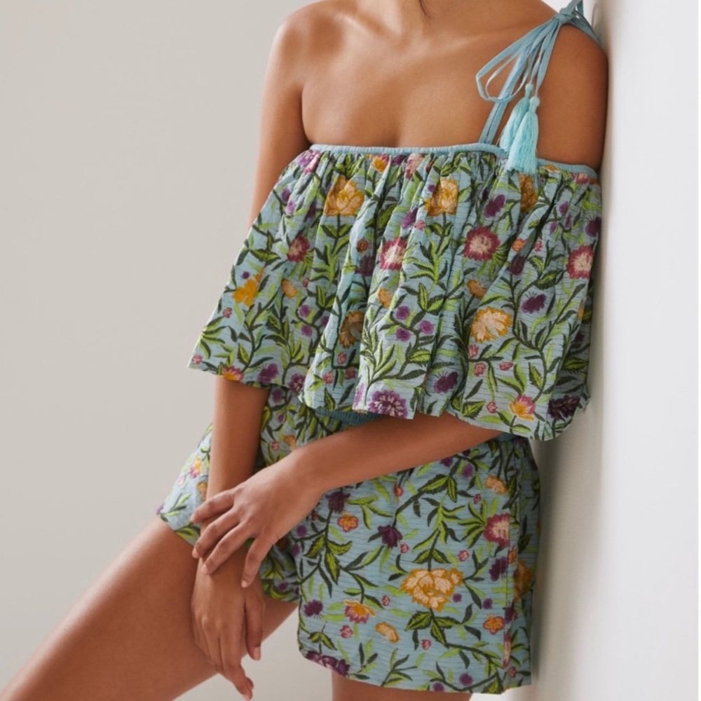 Floral Off-Shoulder Romper in Light Blue